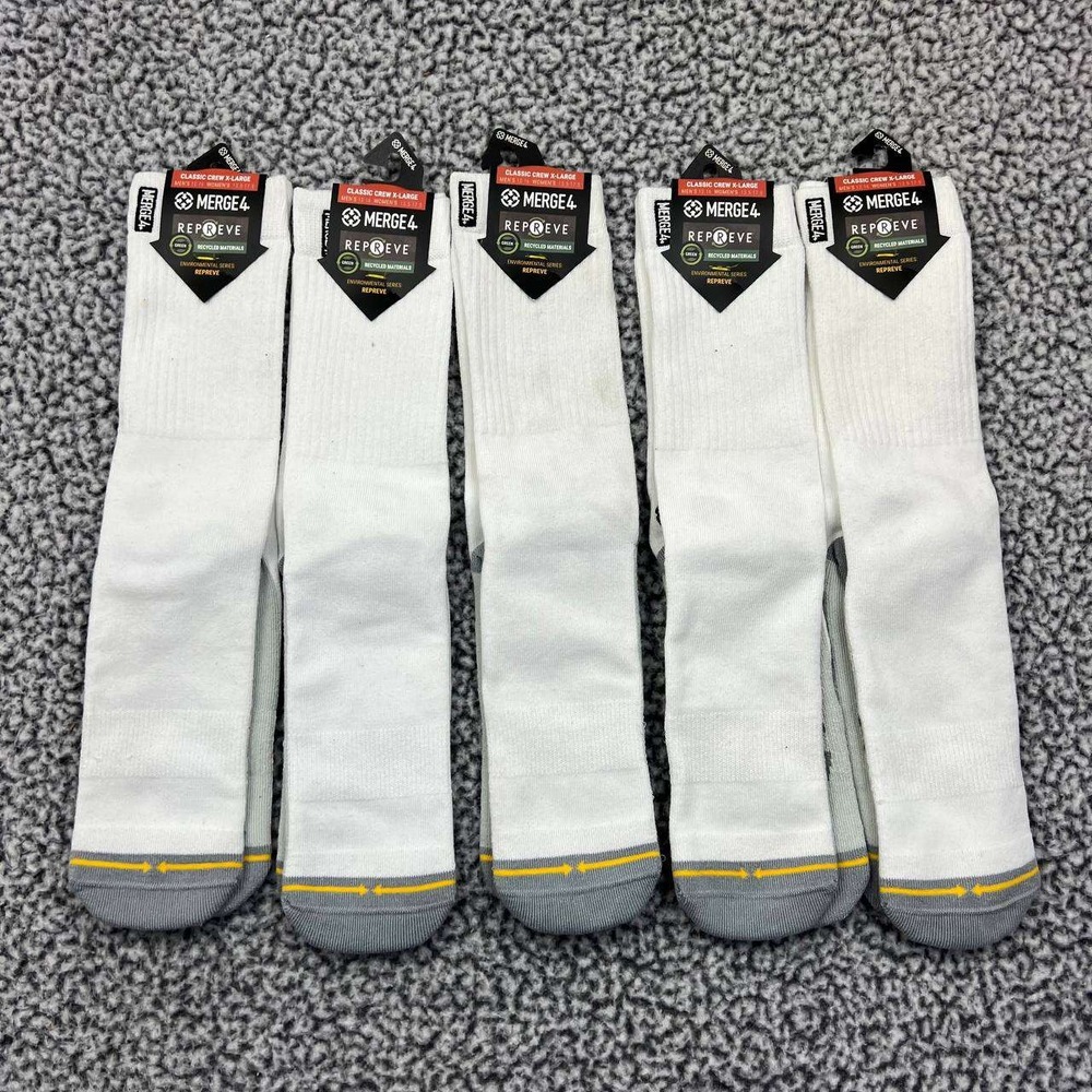 Merge4 Classic Crew Socks Men Extra Large (12-16) Repreve White, 5 Pairs New‎ XL